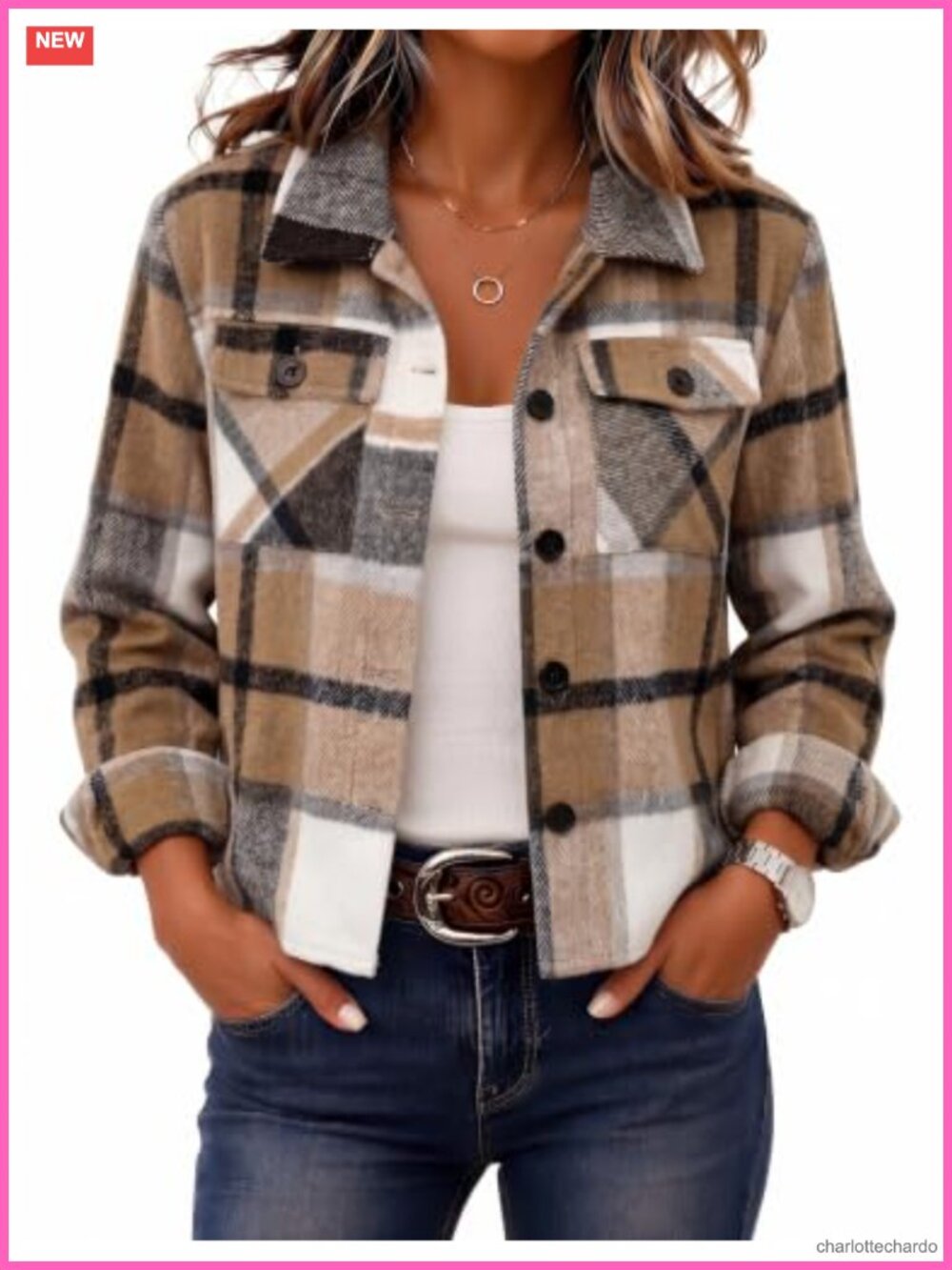 Cropped Plaid Flannel Shacket Button Down Jacket Loose Fit Fall Coat